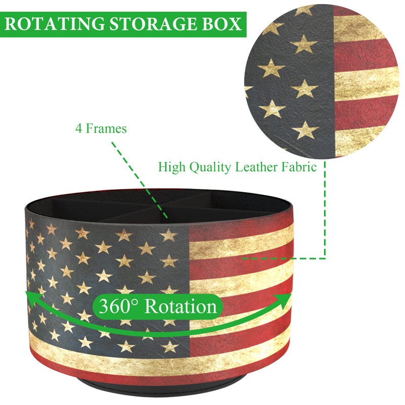 Hennaja Round Leather Art Supply Organizer Remote Control Holder 360 Degree Rotating Multi-Functional Pencil Holder 4 Compartments Desktop Stationary Organizer(1-American Flag) - Image 3